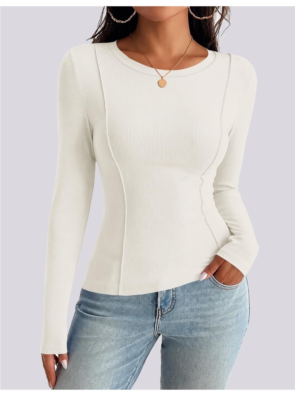 Lomon Long Sleeve Shirts for Women Fall Tops Ribbed Basic Tees